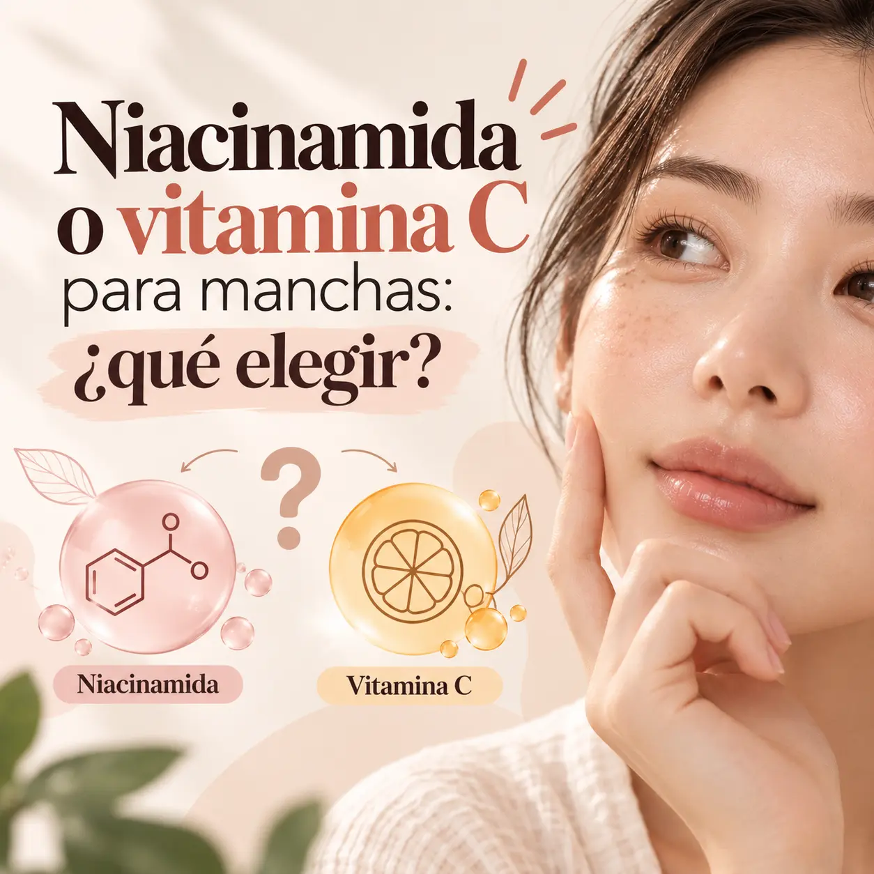 Mujer pensando entre Niacinamida o Vitamina C para manchas.