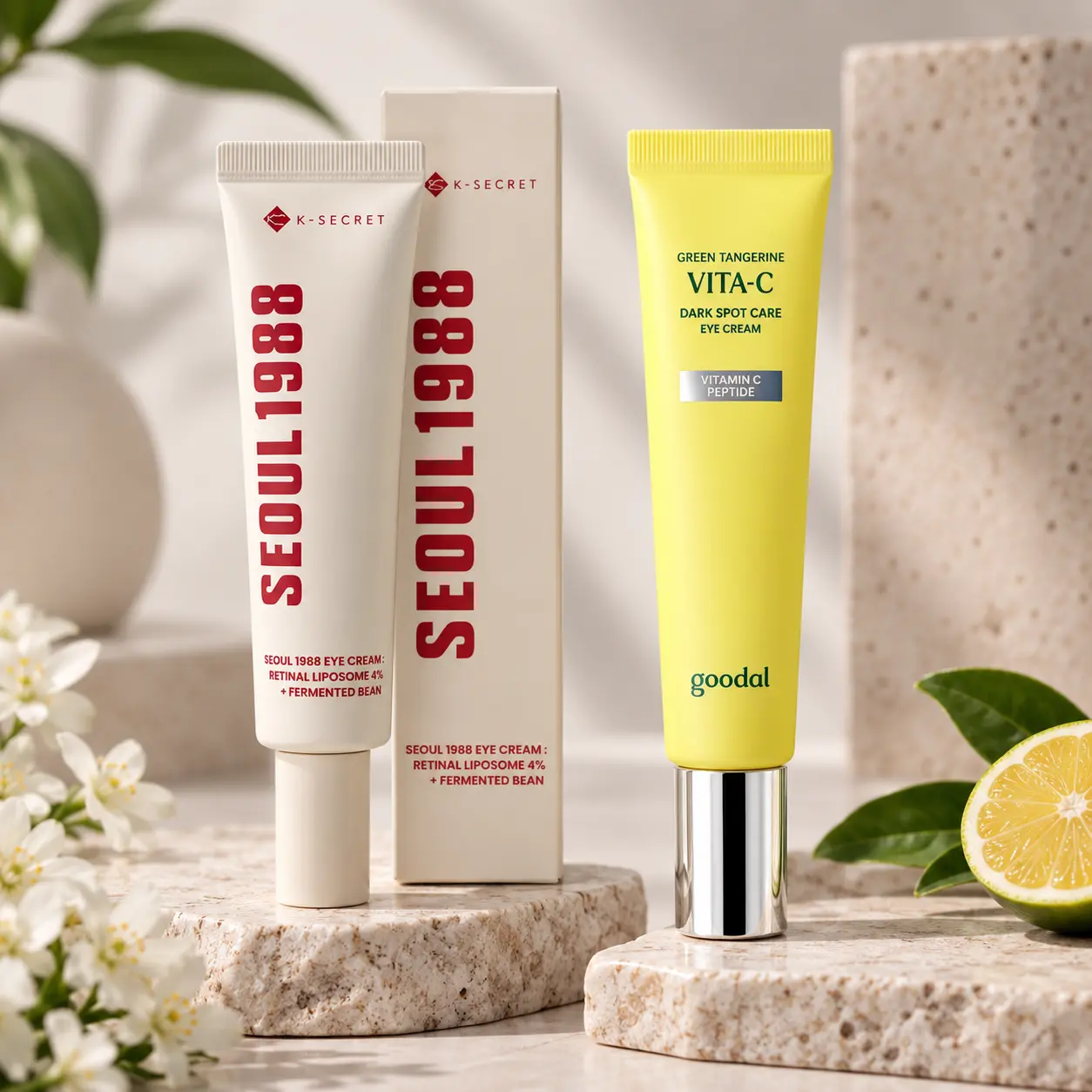 Dos cremas de ojos K-Beauty con ingredientes naturales.