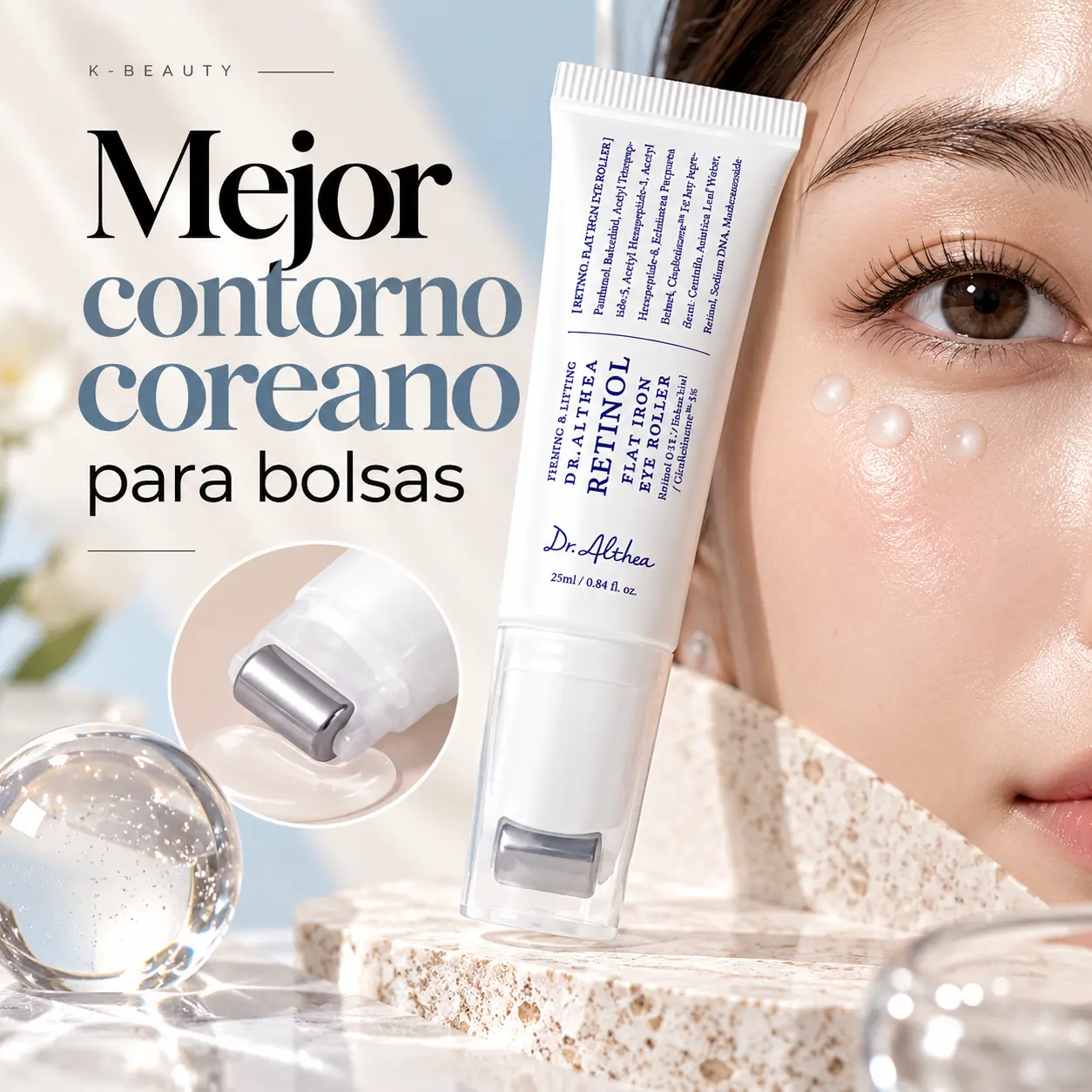 Rodillo de ojos con retinol coreano para reducir bolsas.