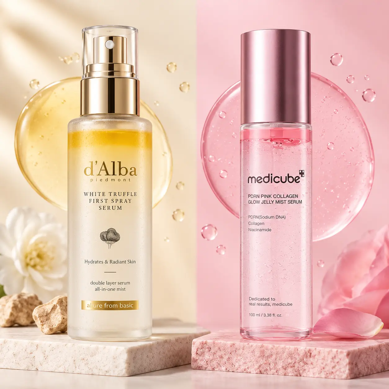 Dos serums faciales: d'Alba trufa blanca y Medicube colágeno en spray.