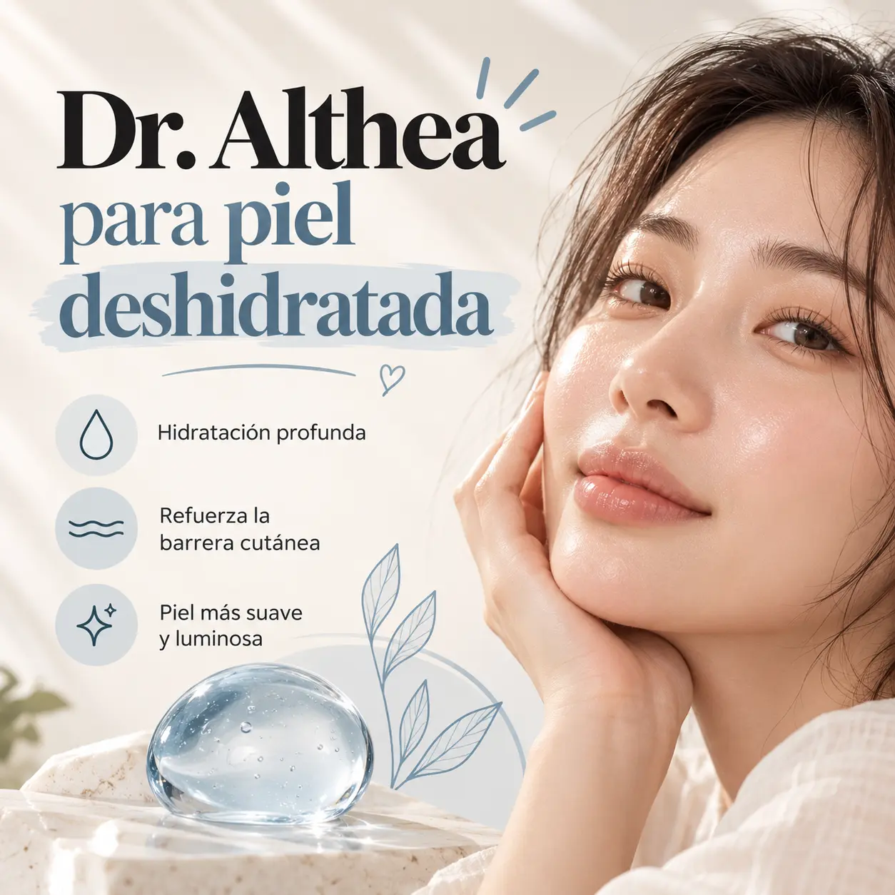 Mujer con piel radiante, junto a un producto Dr. Althea para hidratación.