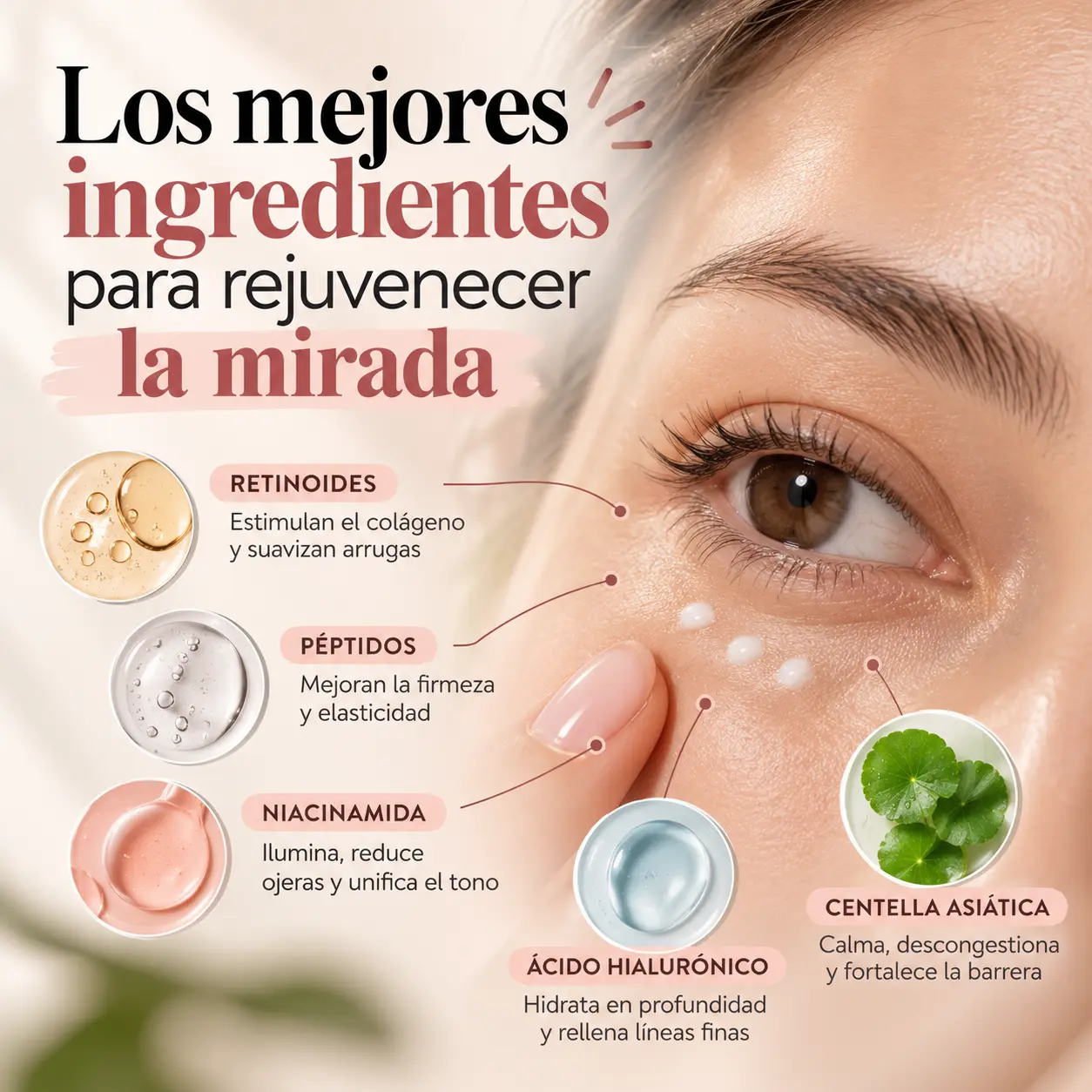 Guía de ingredientes activos para un contorno de ojos rejuvenecido.