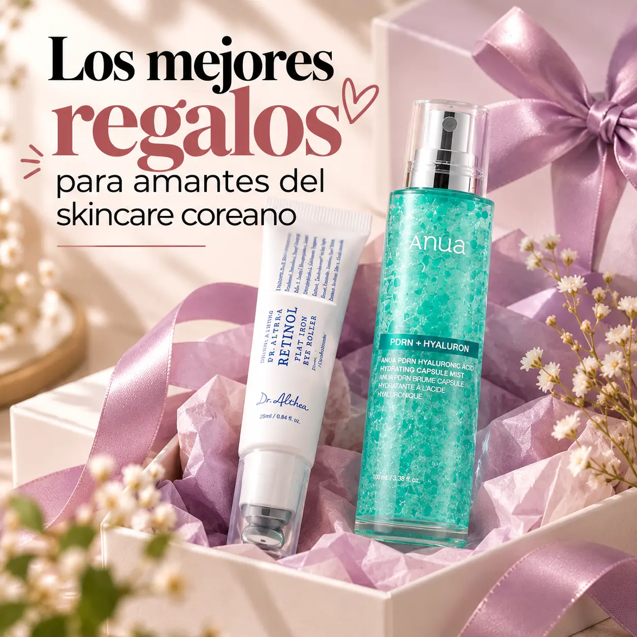Regalos skincare coreano: rodillo Dr. Althea y bruma Anua en caja.
