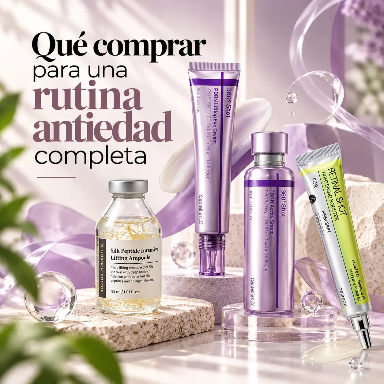 Productos antiedad para una rutina de cuidado facial completa.