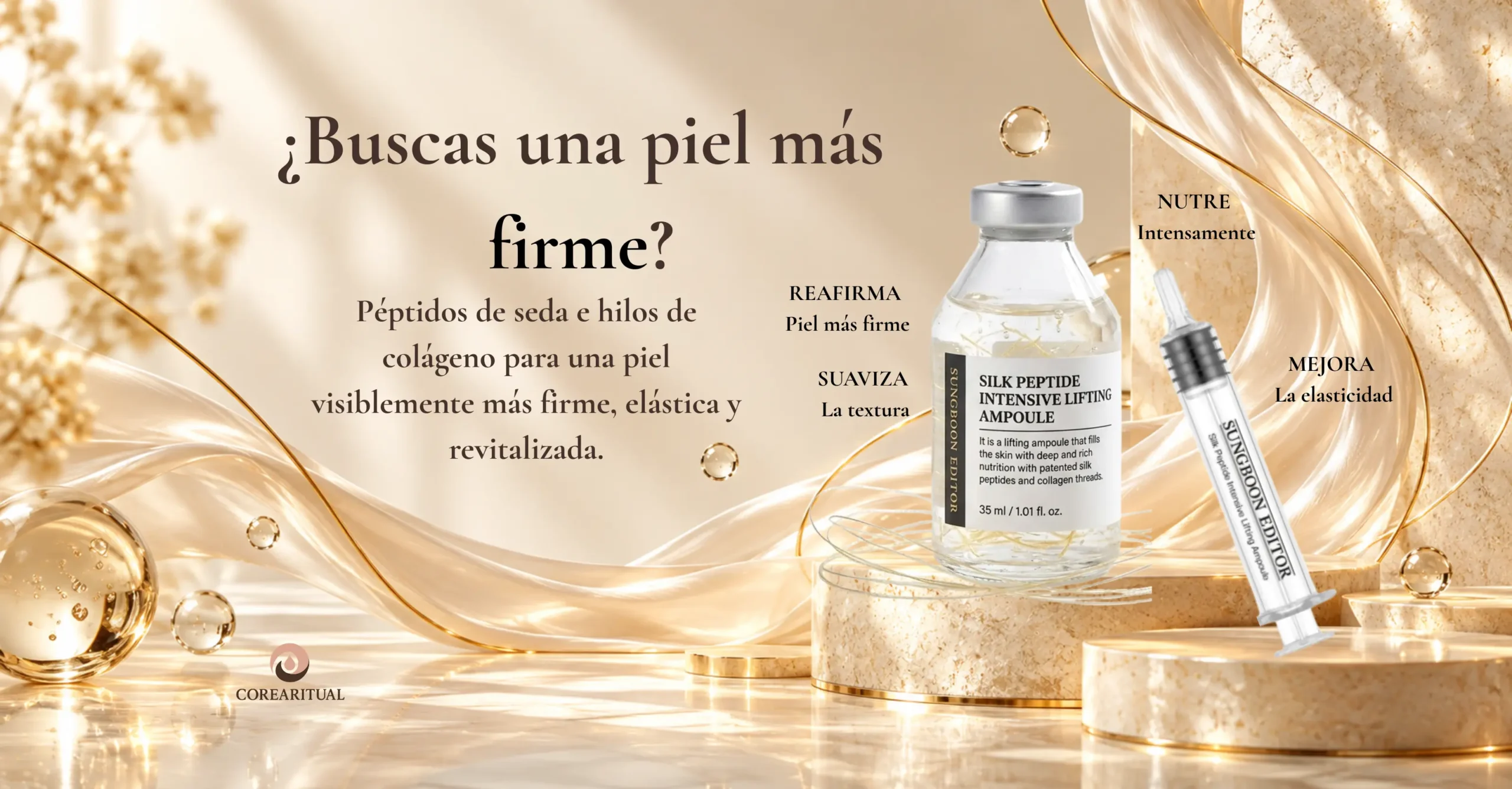 Ampolla lifting con péptidos de seda y colágeno para piel firme.