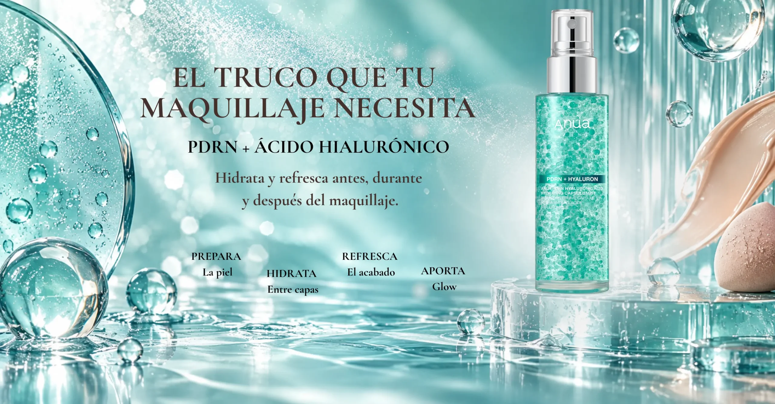 Spray facial Anua PDRN + Ácido Hialurónico sobre fondo acuático.