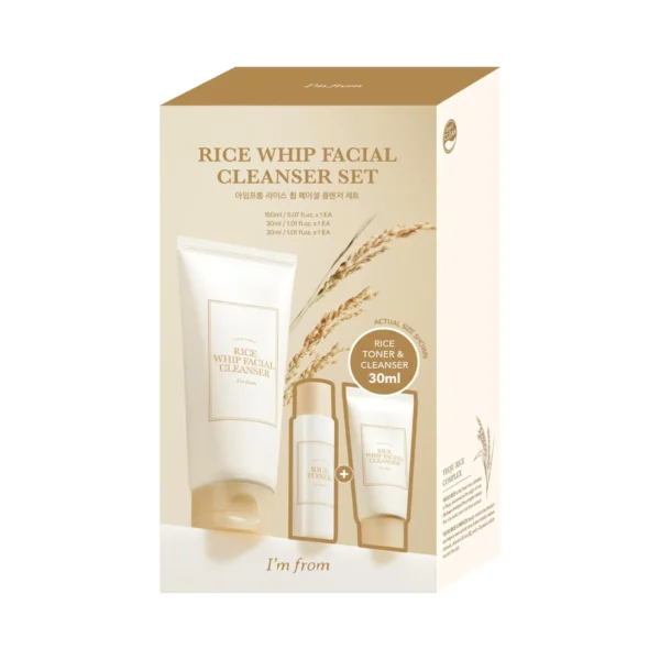 Descubre el set de limpieza facial I'm from Rice Whip. Incluye limpiador, tónico y otro limpiador, formulados con extracto de arroz para una piel radiante.