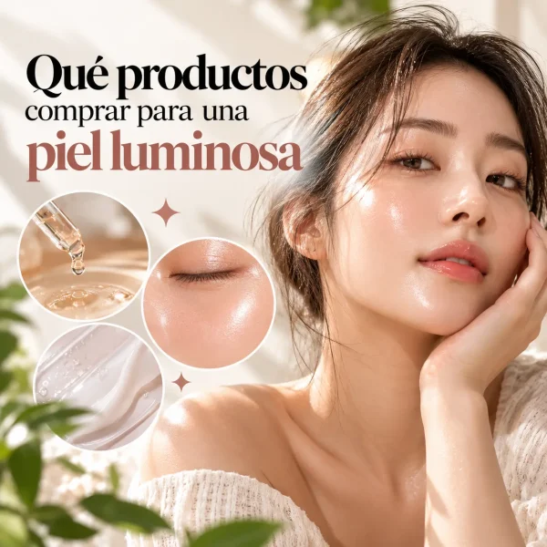 Piel luminosa: mujer asiática y productos cosméticos.
