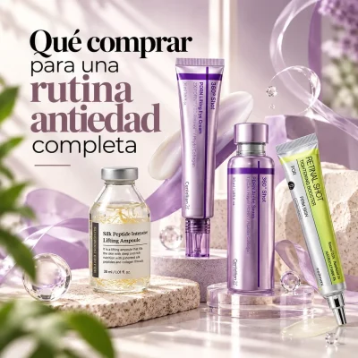 Productos antiedad para una rutina de cuidado facial completa.